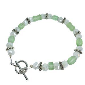 Handcrafted Green & White Beaded Bracelet With Silver Accents Toggle Clasp